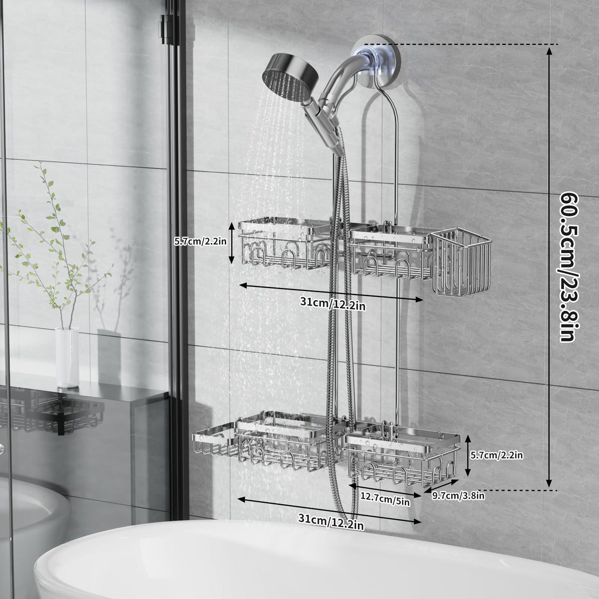KEGII bathroom organizer in silver complements modern showers and maximizes space.