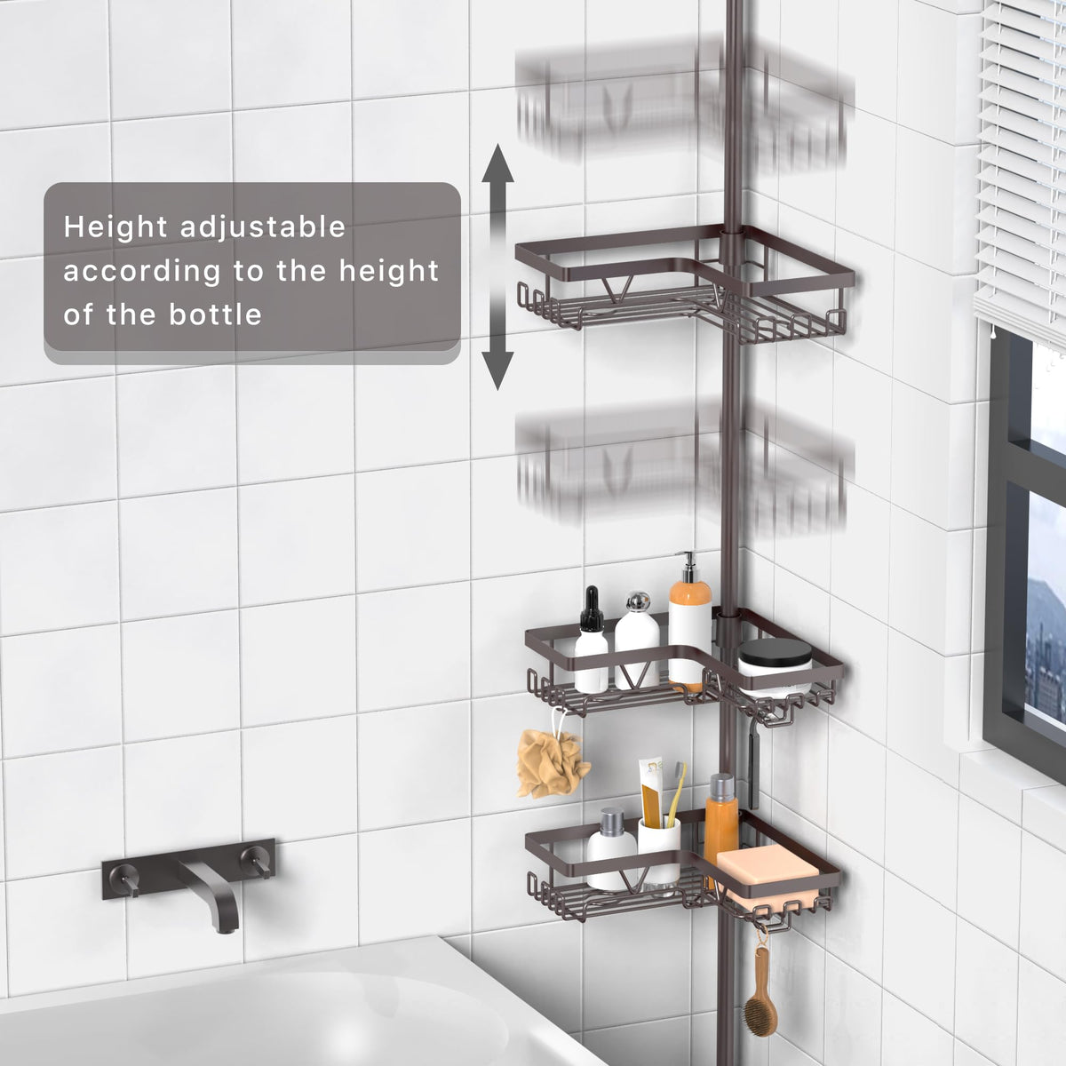 KEGII tension pole in a tub corner displaying built-in toothbrush holder