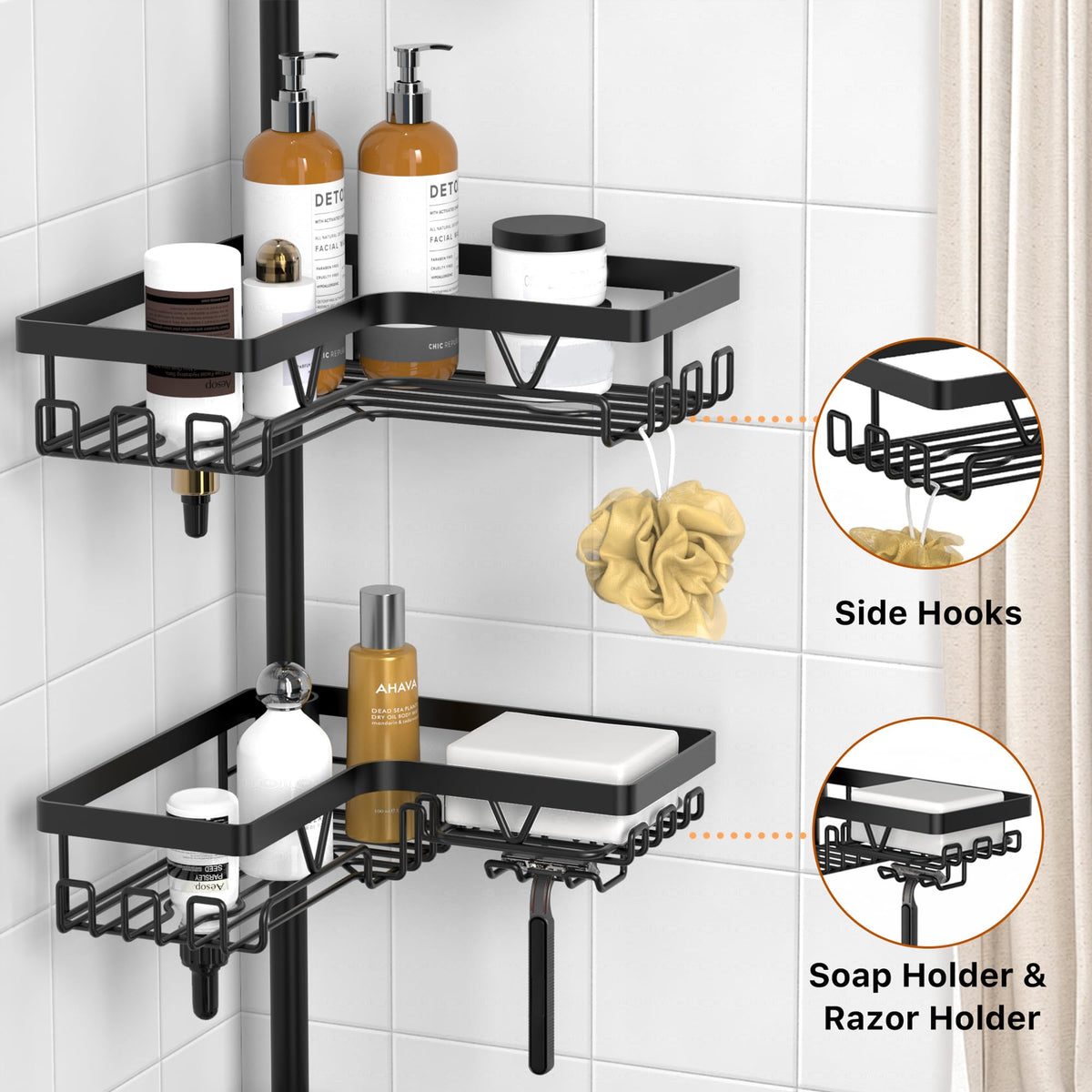 KEGII corner shower caddy fence design reduces tipping and speeds gel drainage.
