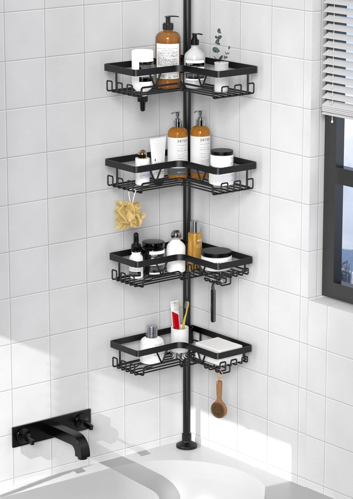 KEGII corner shower caddy with tension pole and adjustable shelves for organized storage.