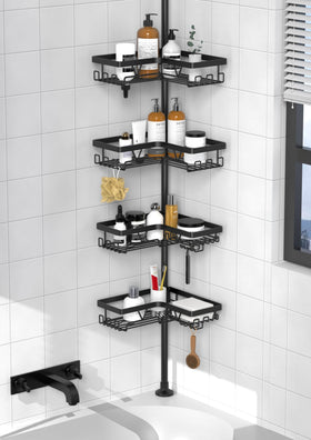 KEGII corner shower caddy with tension pole and adjustable shelves for organized storage.
