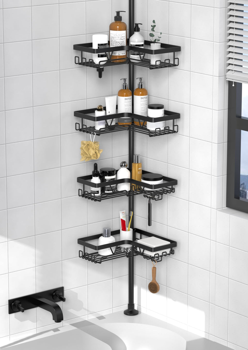 KEGII corner shower caddy with tension pole and adjustable shelves for organized storage.