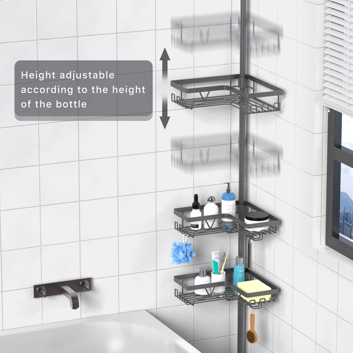 KEGII adjustable height tension pole demonstrates versatile shelving for tall bottles