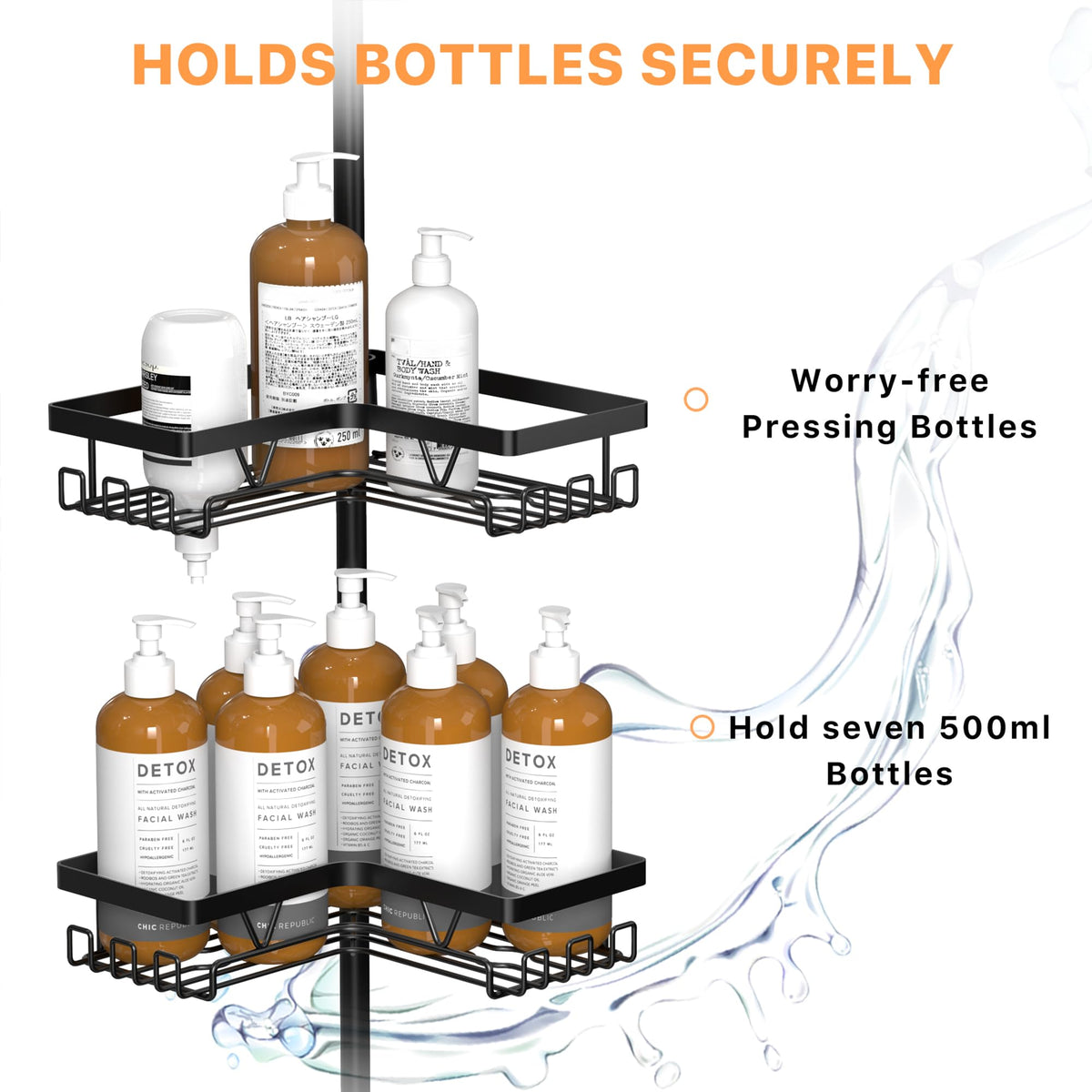 KEGII corner shower organizer adjusts from 25 to 114 inches for a custom fit.