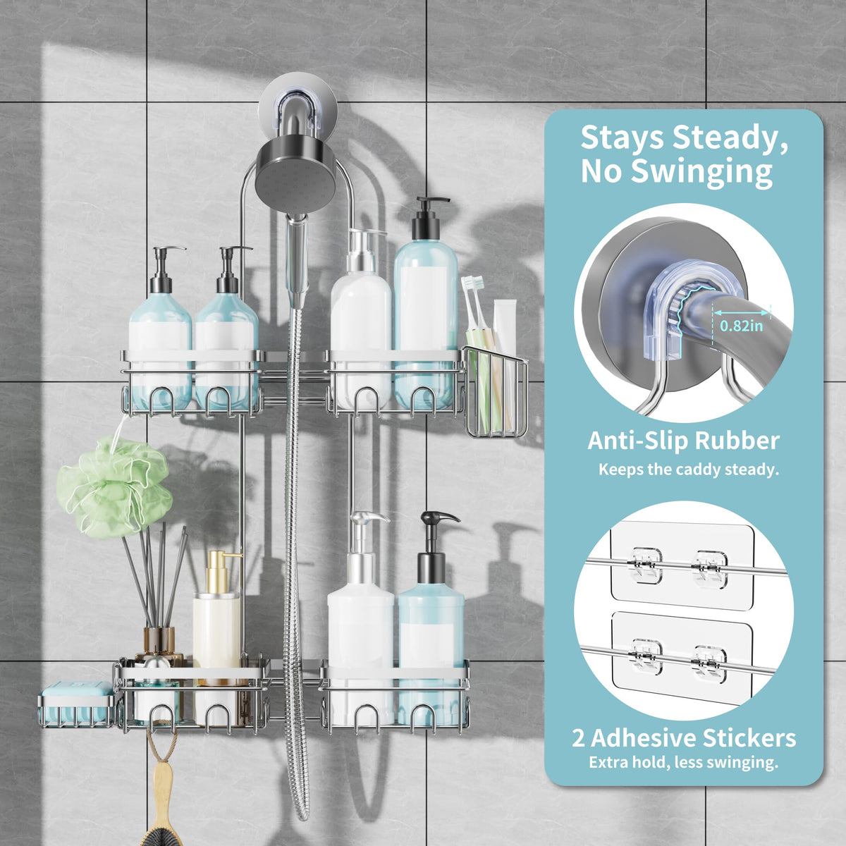 KEGII handheld showerhead holder secures spray-control while freeing counter space.