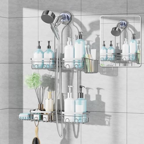 KEGII shower caddy hanging over the showerhead keeps bath essentials neatly within reach.