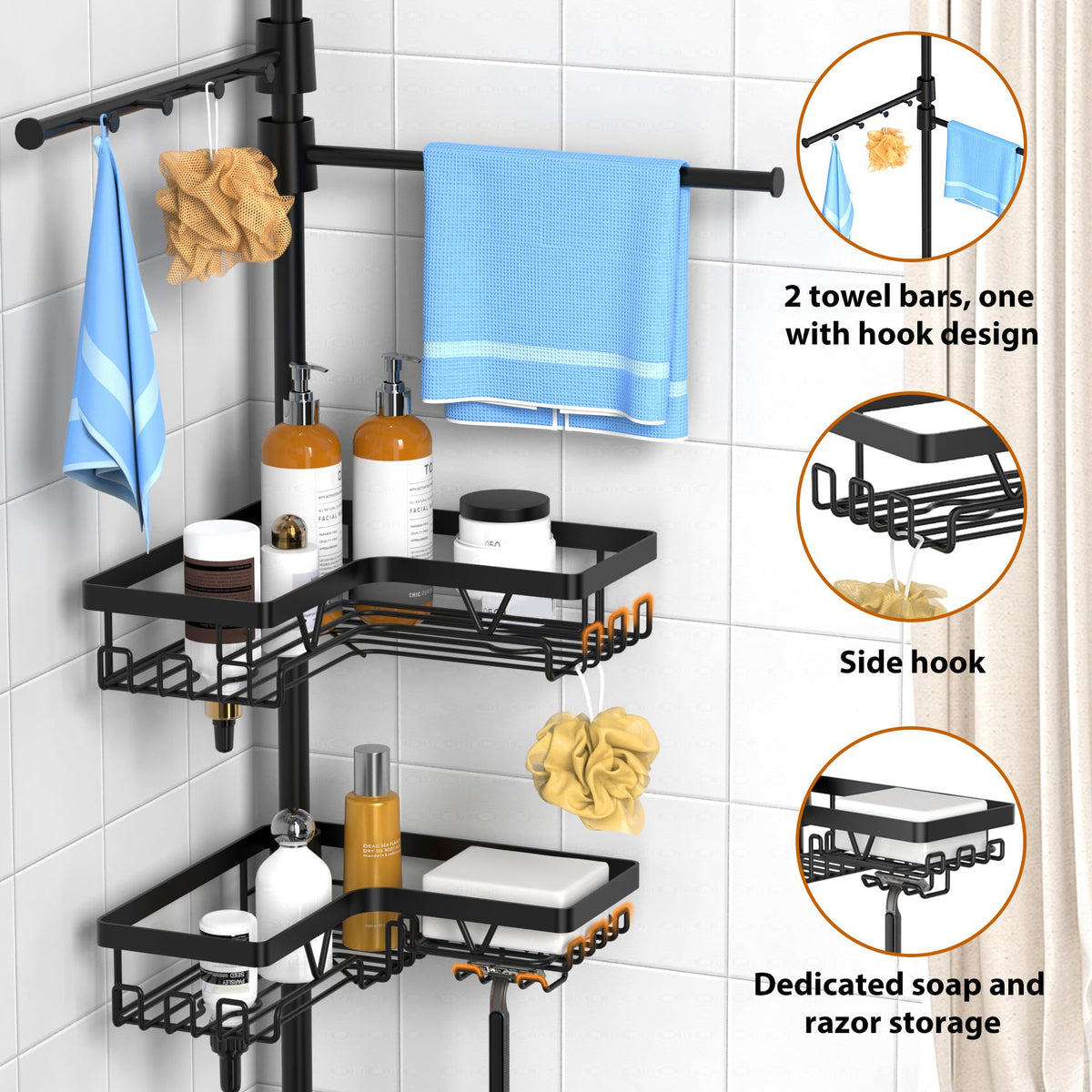 KEGII shower caddy with built in hooks and holders for small items.