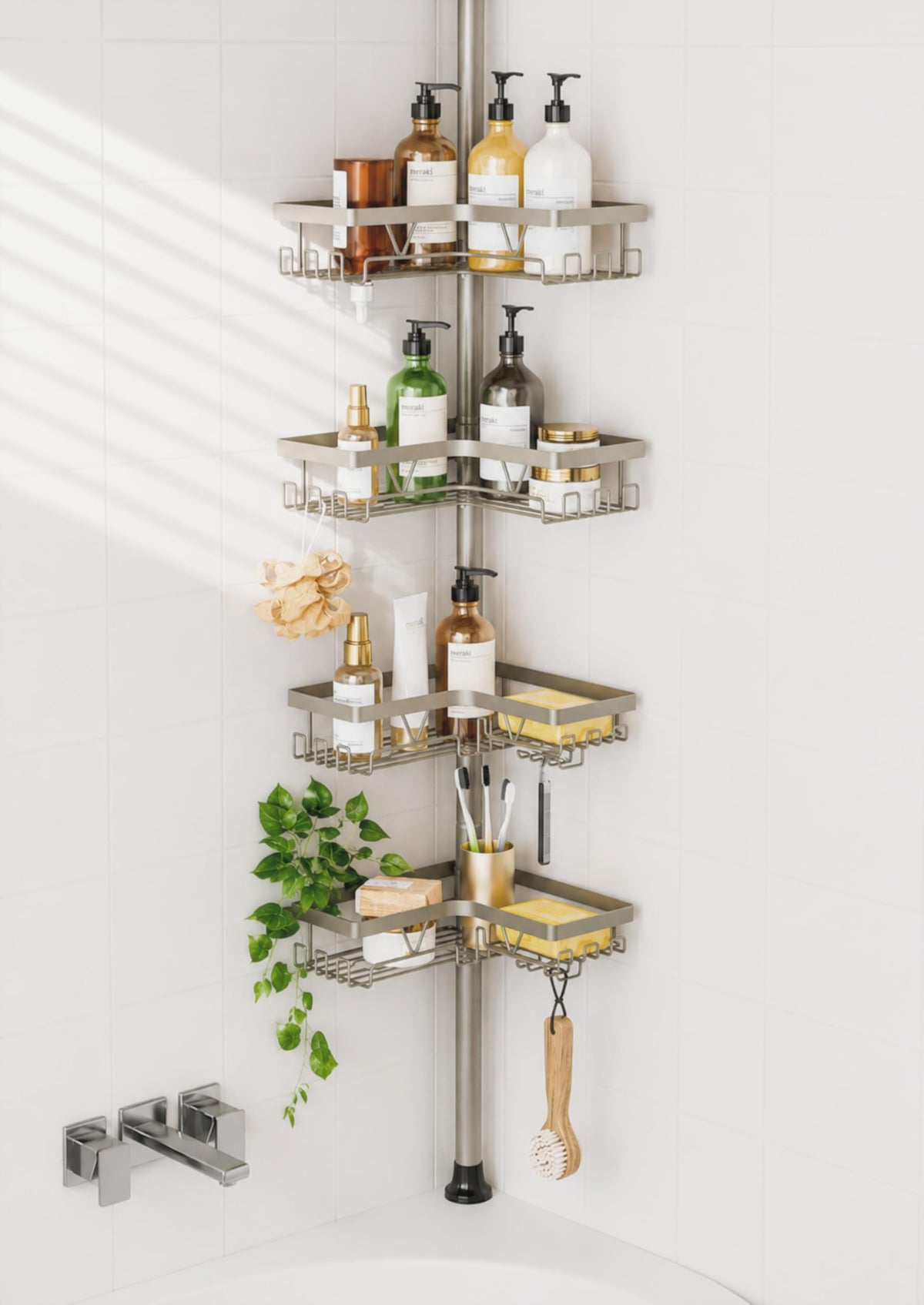 KEGII Shower Caddy tension pole assembly shows tool-free setup for renters