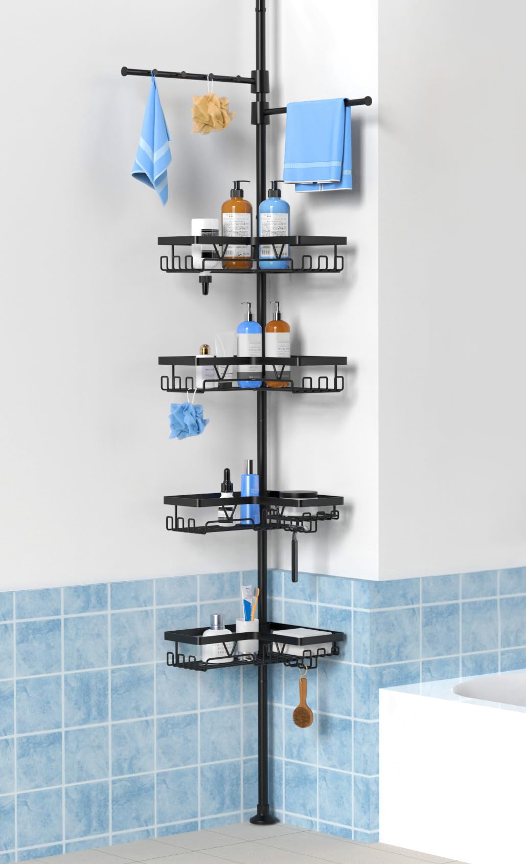 KEGII shower caddy tension pole with dual towel bars for organized towels.