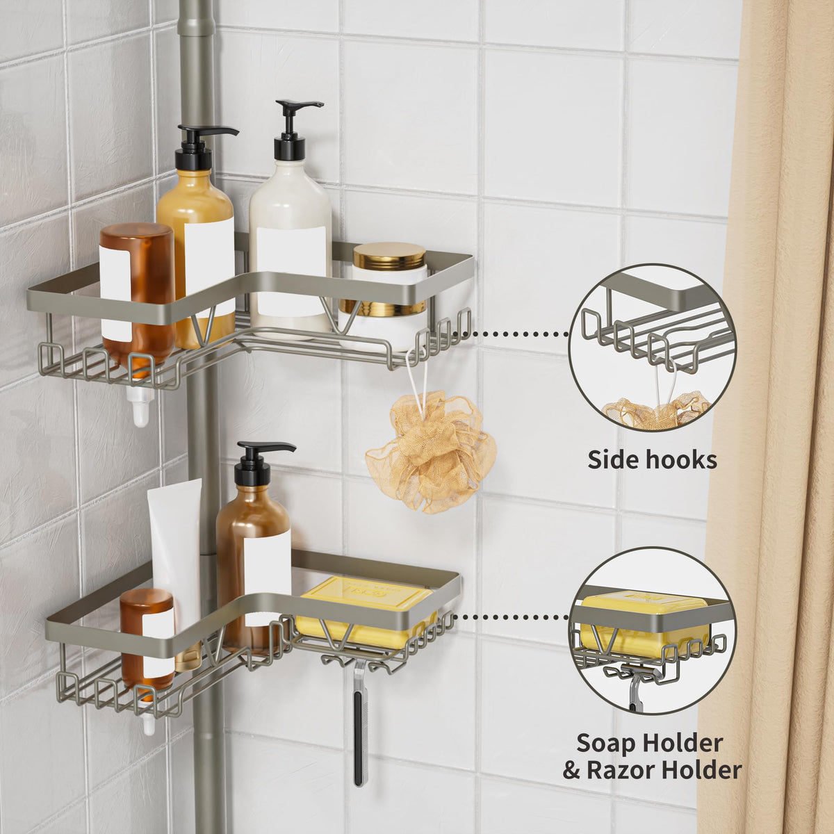 Rustproof stainless steel KEGII caddy withstands moisture in showers