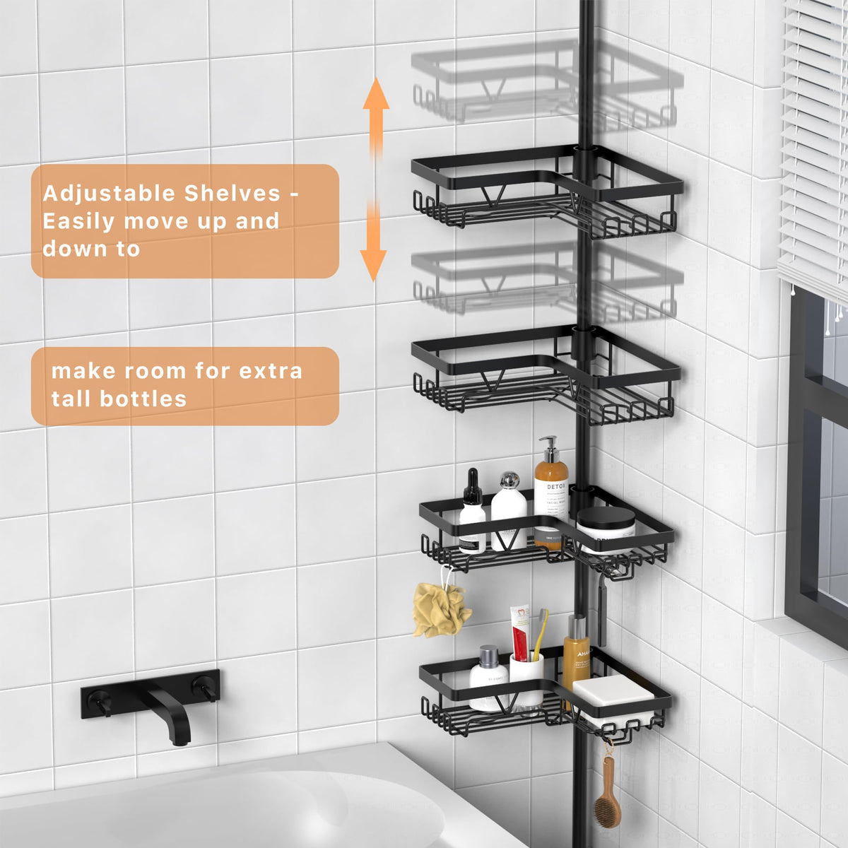 KEGII shower tower corner with multiple hooks for towels and accessories.