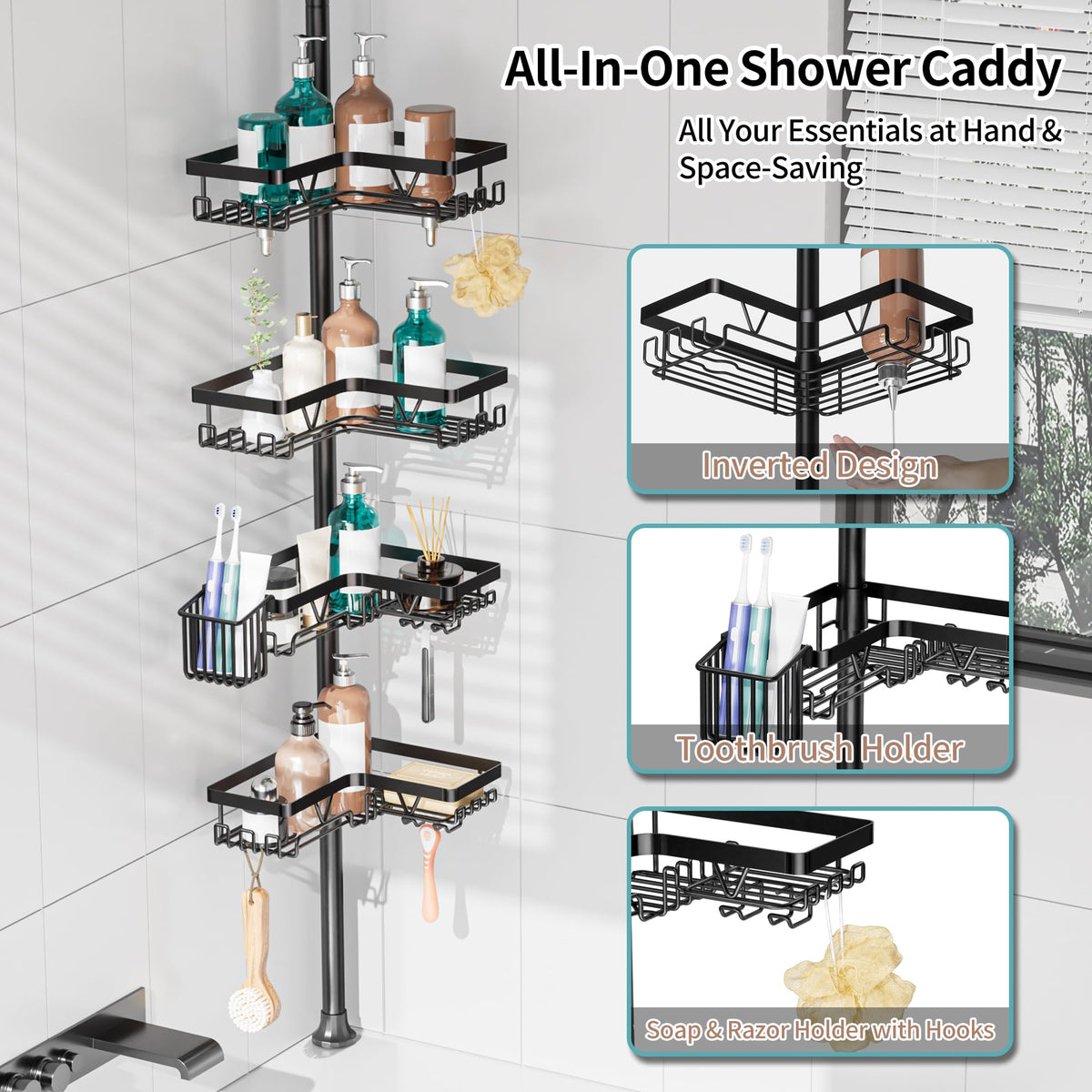 KEGII tension pole bathroom organizer showing tool-free, adjustable height feature.