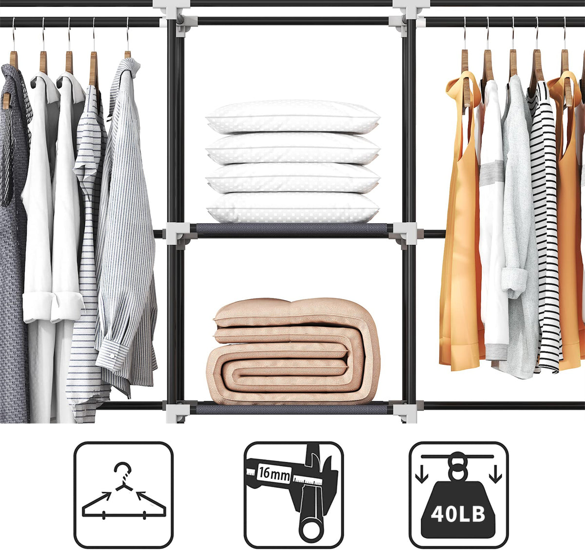 KEKIWE grey portable closet frame blending with modern bedroom decor.