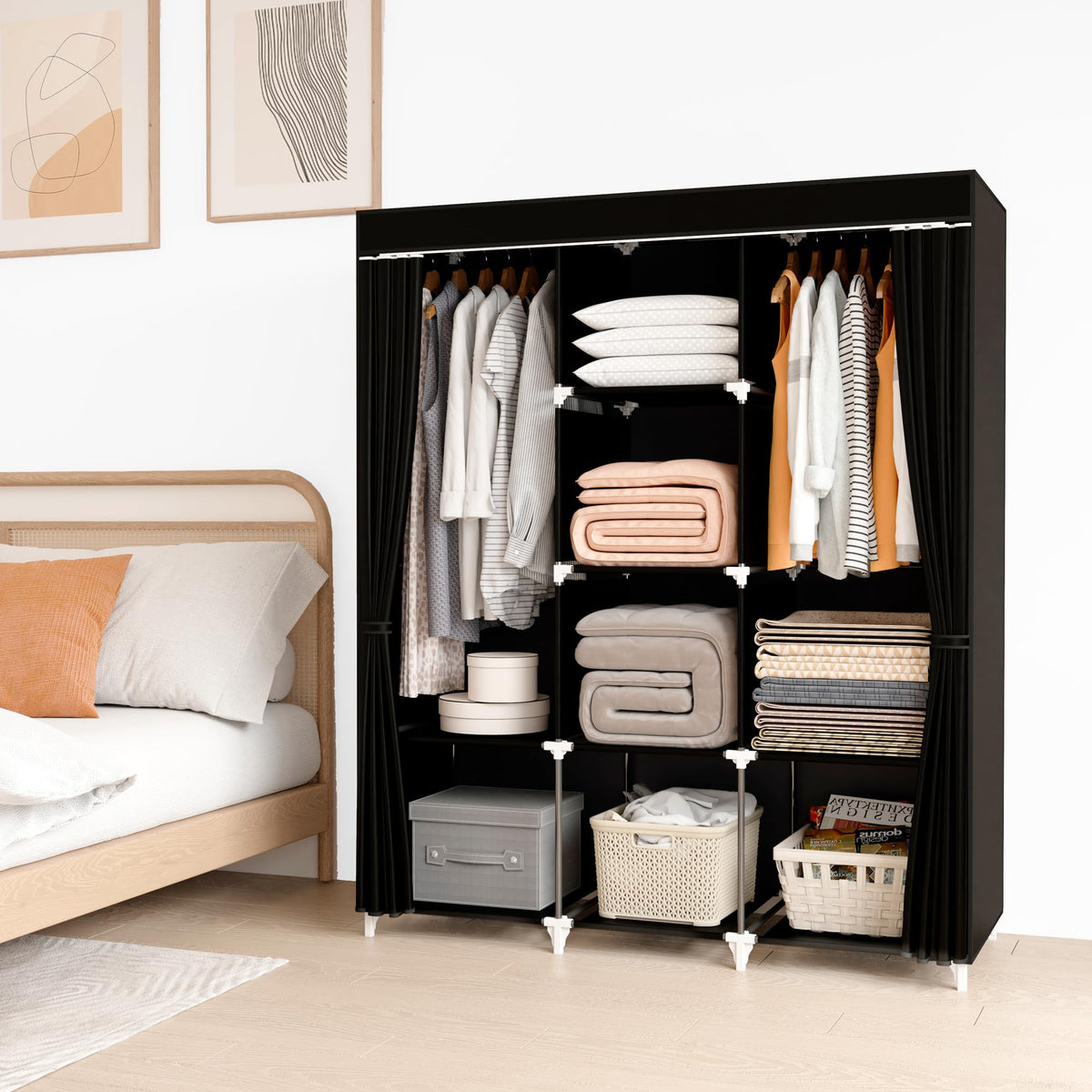 KEKIWE portable closet hanging rods show easy garment hanging and quick access.