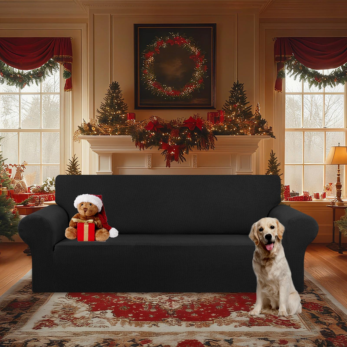 KEKUOU slipcover with elastic bottom stays in place on 94-110 inch sofas.