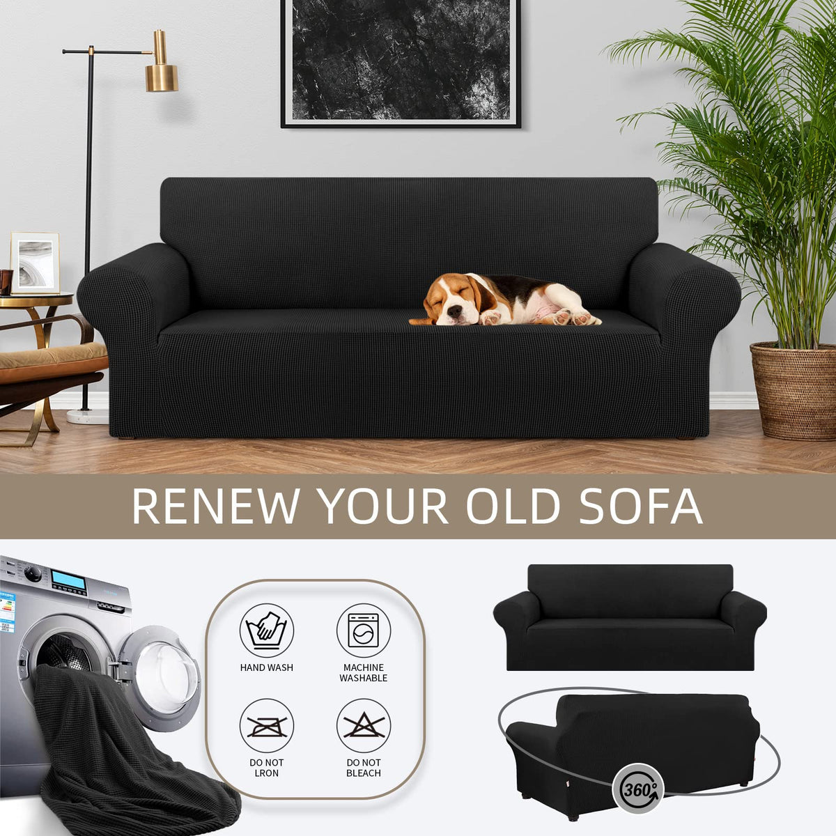 KEKUOU sofa cover easy install guide demonstrates quick 5-minute setup.