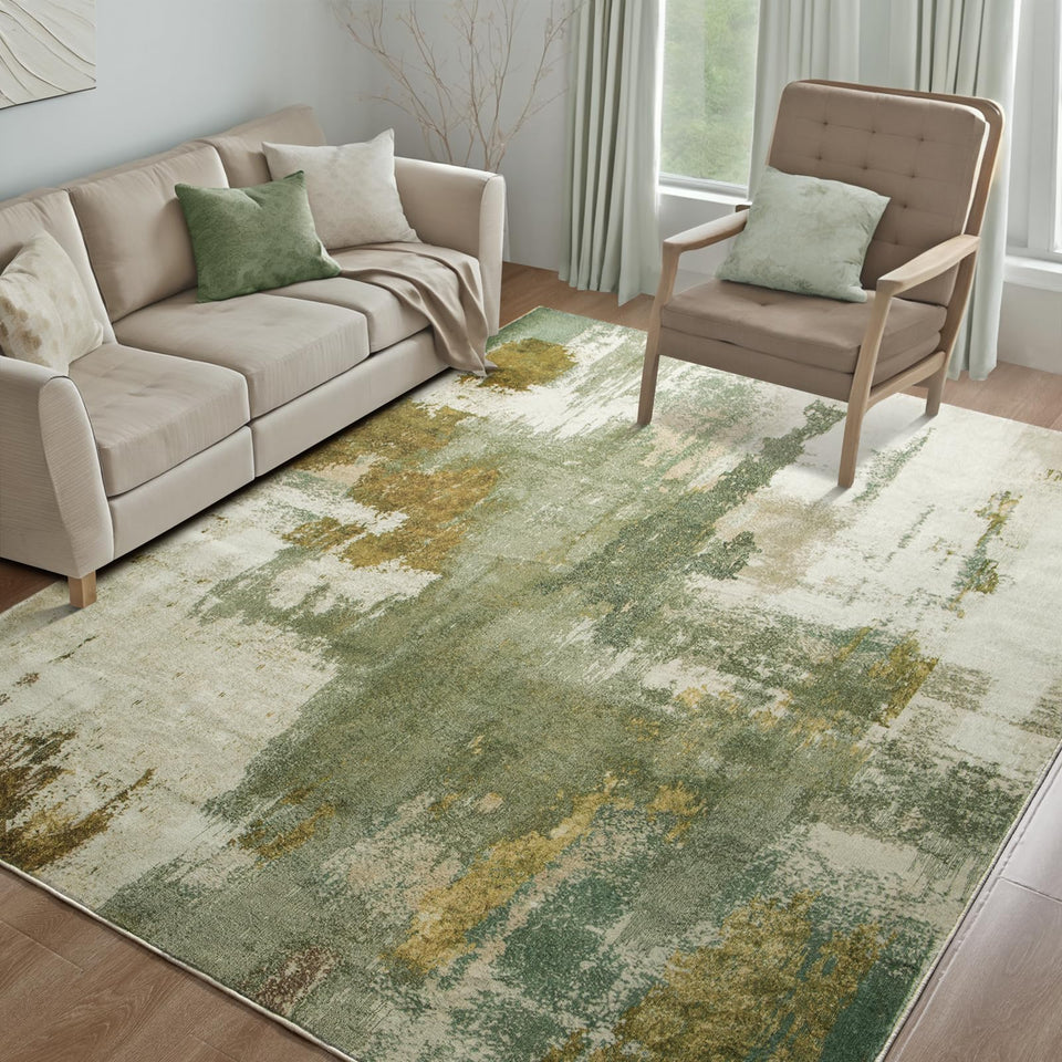 Kelarea living room rug 6x9 with modern abstract green design adds warmth to your space.