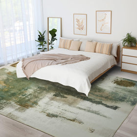 Kelarea close-up of the green abstract rug showing plush faux-wool texture.