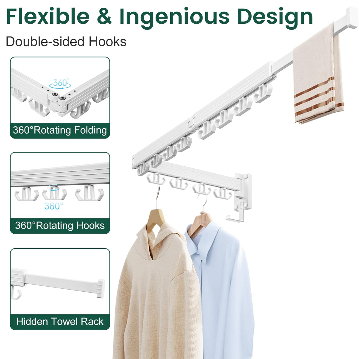 Kelisiting 180-degree swing hooks maximize sunlight and breeze exposure