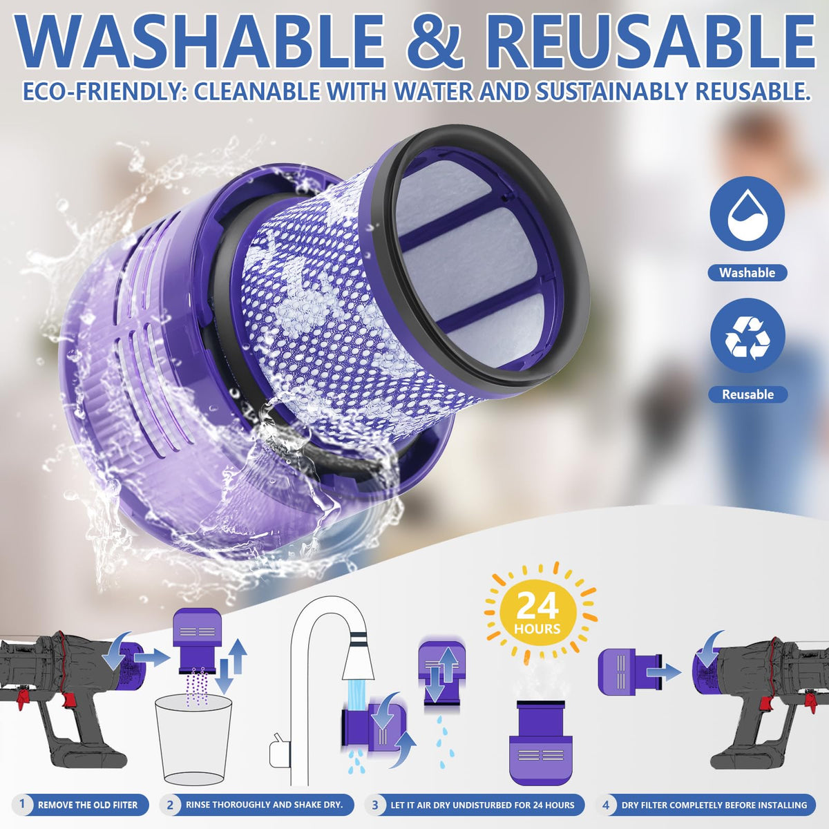 Keluke Dyson filter pack visual shows 3-pack and accessories.
