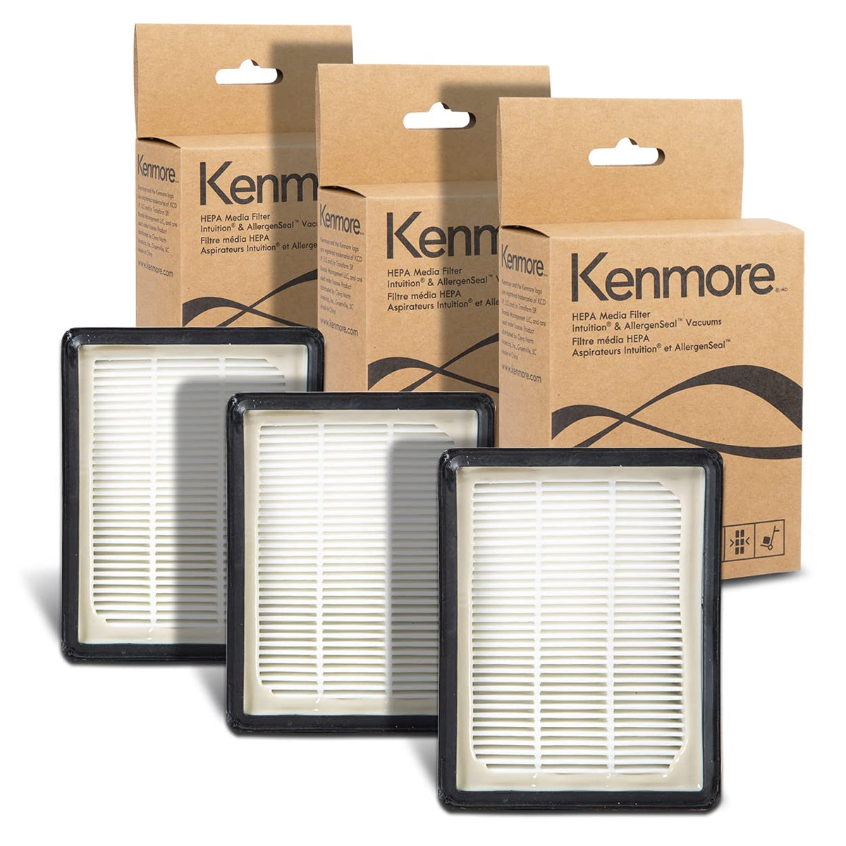 Kenmore K3010 HEPA three-pack filters front view for easy upright vacuum replacement