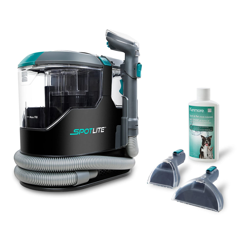 Kenmore SpotLite tough stain tool lifting spills on carpet and upholstery.