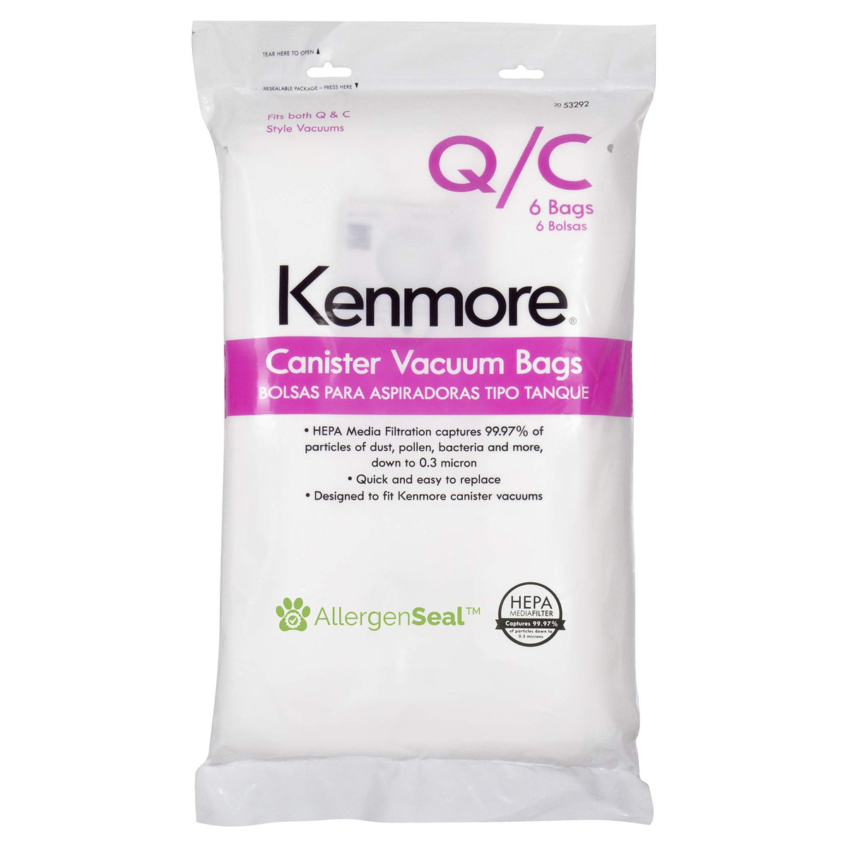 Kenmore Type Q HEPA bag showing 2.1L capacity for fewer bag changes