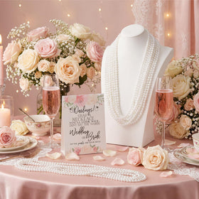 Kenning white faux pearl necklaces used as guest keepsakes.