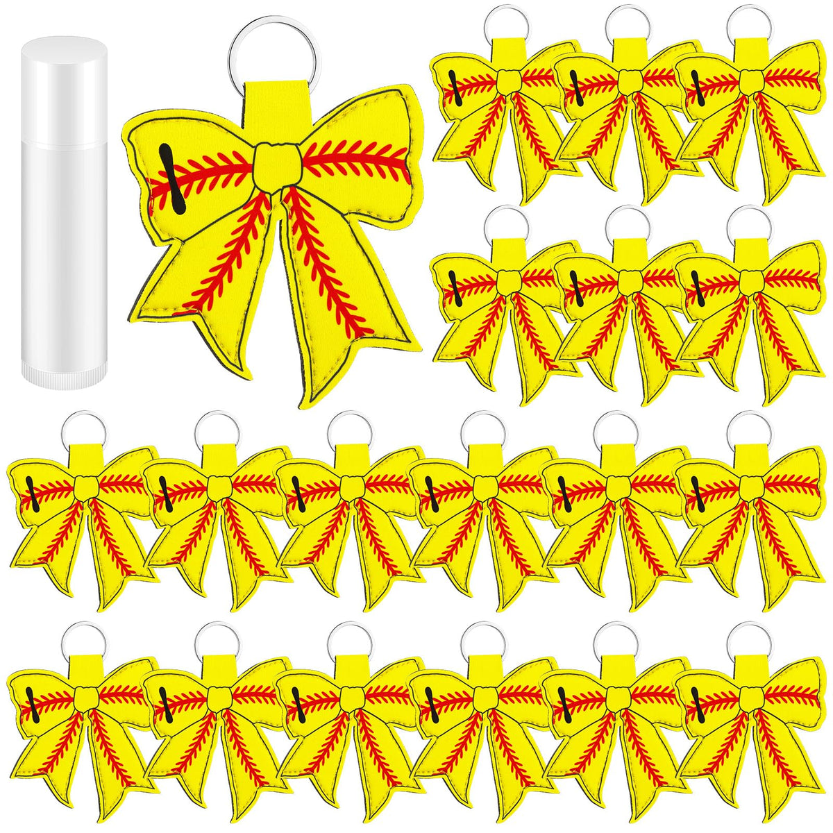Kenning bow softball lip balm holder keychain in yellow; keeps lip balm handy during games.