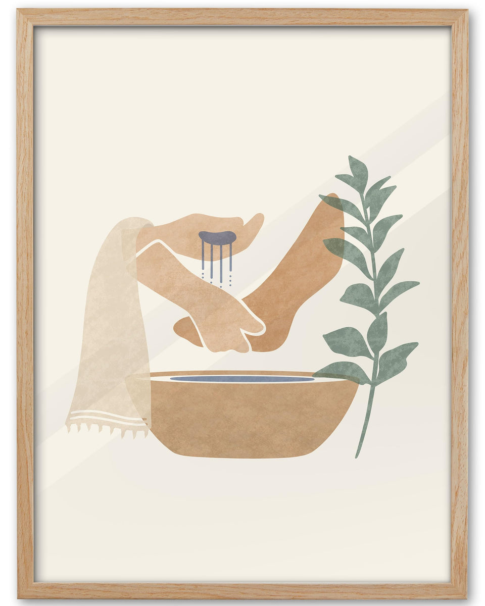 KensTro Jesus washing feet framed wall art, enhances living rooms with a warm oak frame.