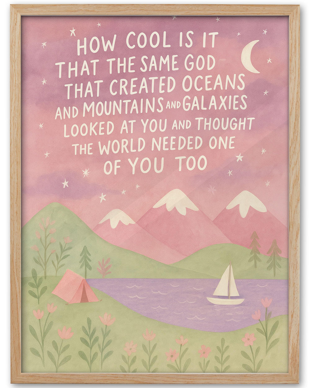KensTro Same God Creation mountains wall art for a girl’s room with calming pink tones.