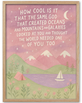 KensTro Same God Creation mountains wall art for a girl’s room with calming pink tones.