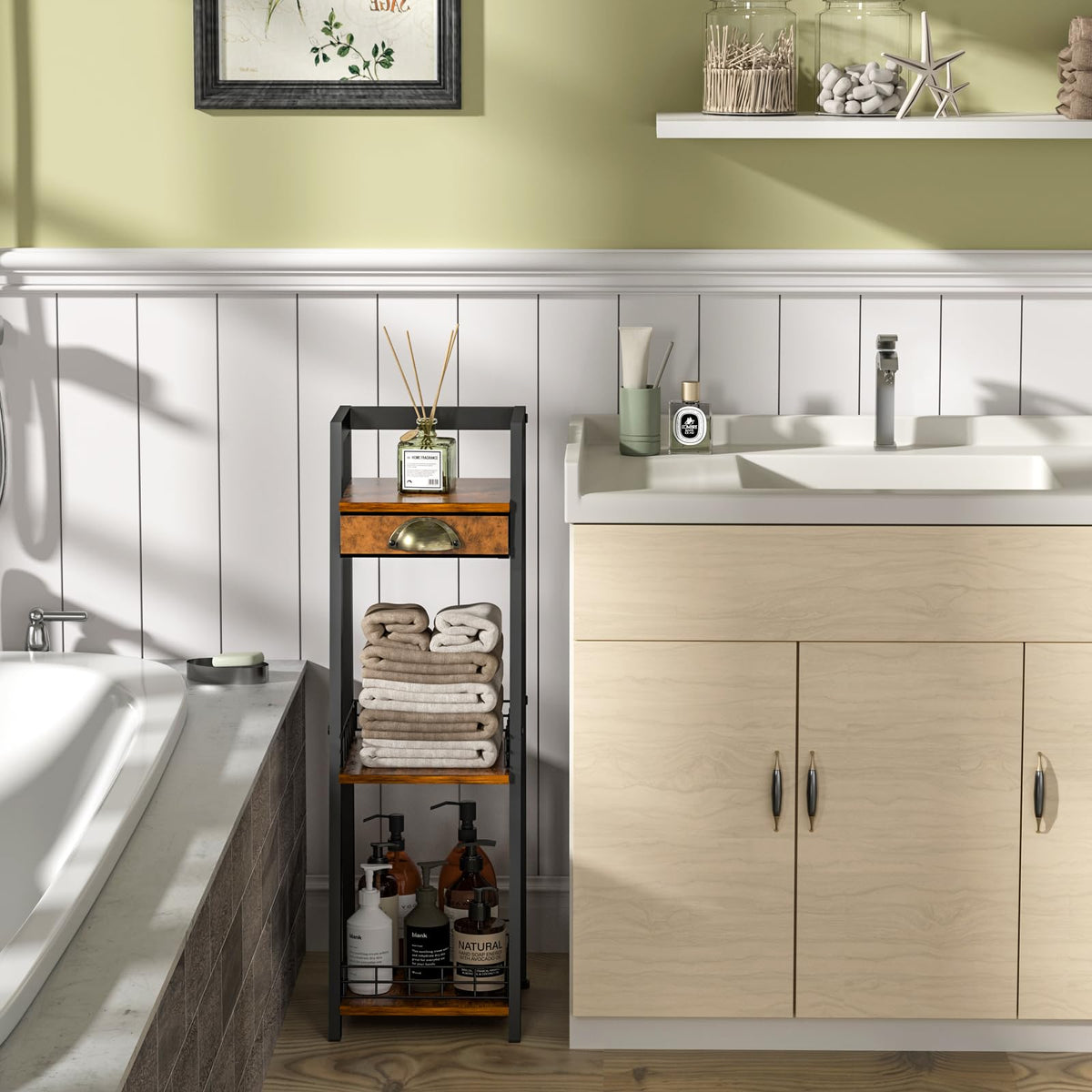 Keomaisyto 3-tier ladder unit provides vertical storage for towels, decor, or books.