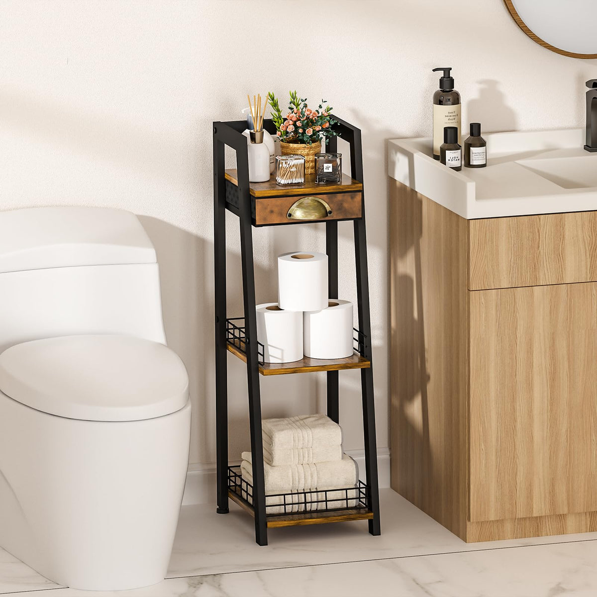 Keomaisyto rustic brown MDF shelf with black frame resists humidity and cleans easily.
