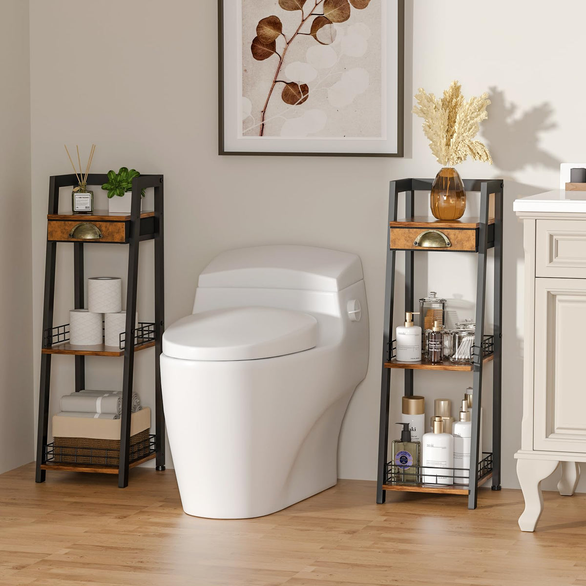 Keomaisyto slim standing shelf includes a canvas drawer for small parts.