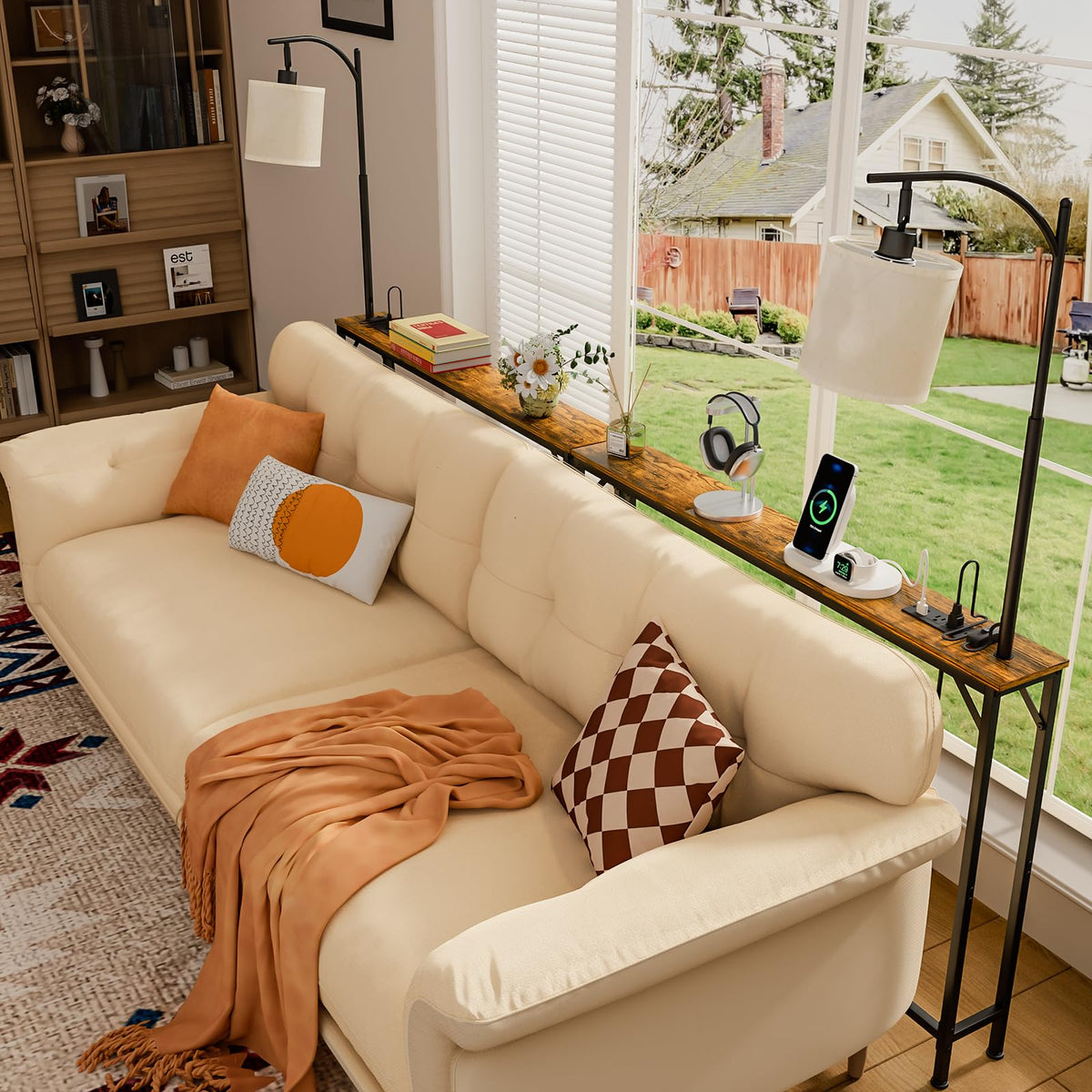 Keomaisyto Skinny Console Table in a living room setup with lamp and outlets