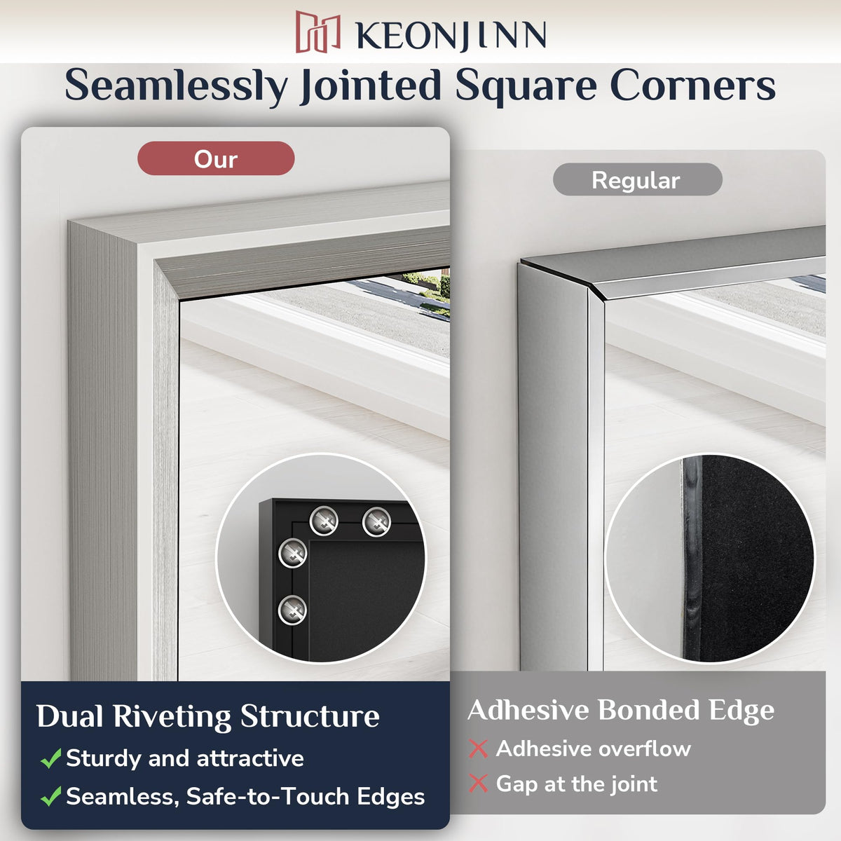 Keonjinn aluminum frame resists humidity for long-lasting bathroom use.