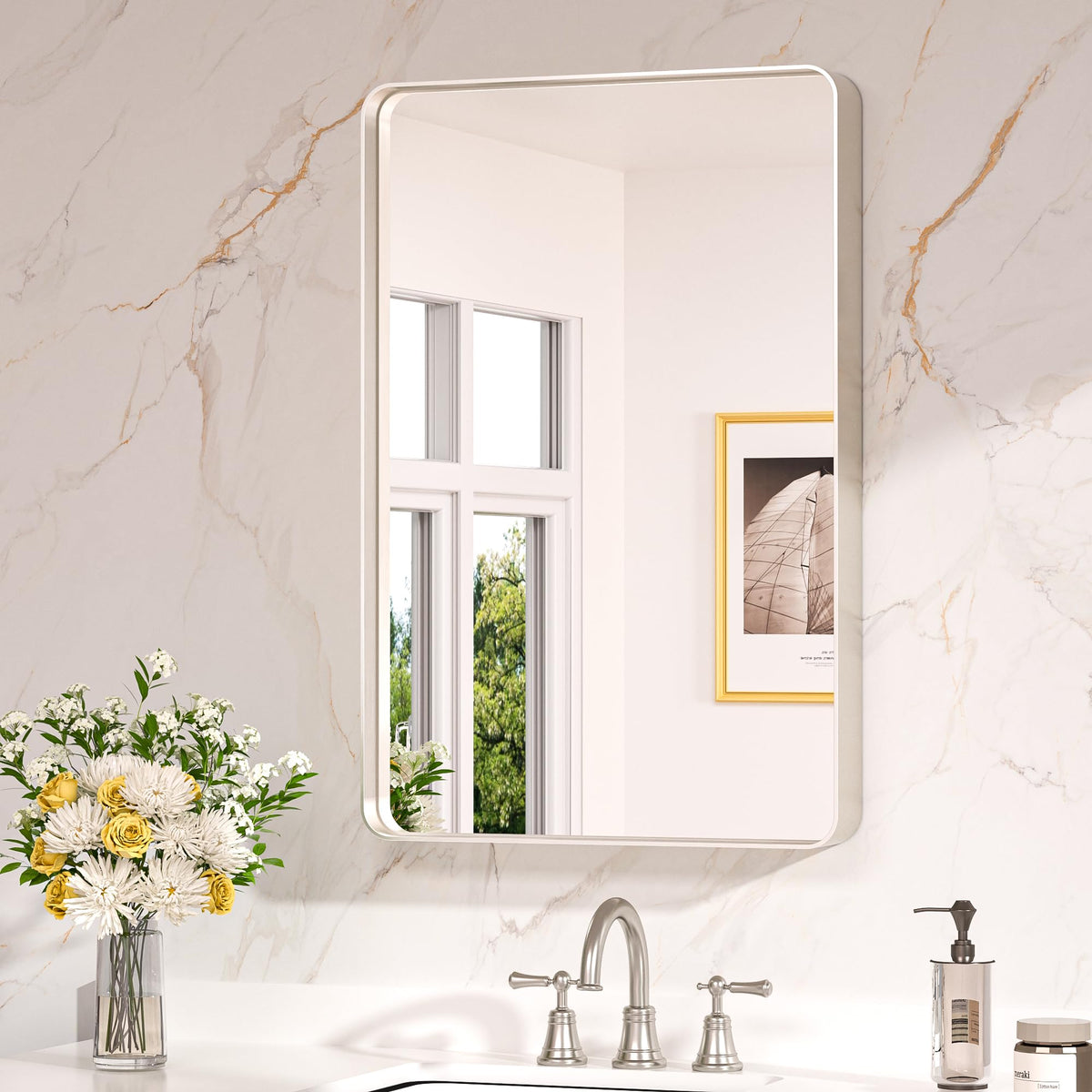 Keonjinn 20x30 brushed-nickel bathroom mirror above sink for modern style