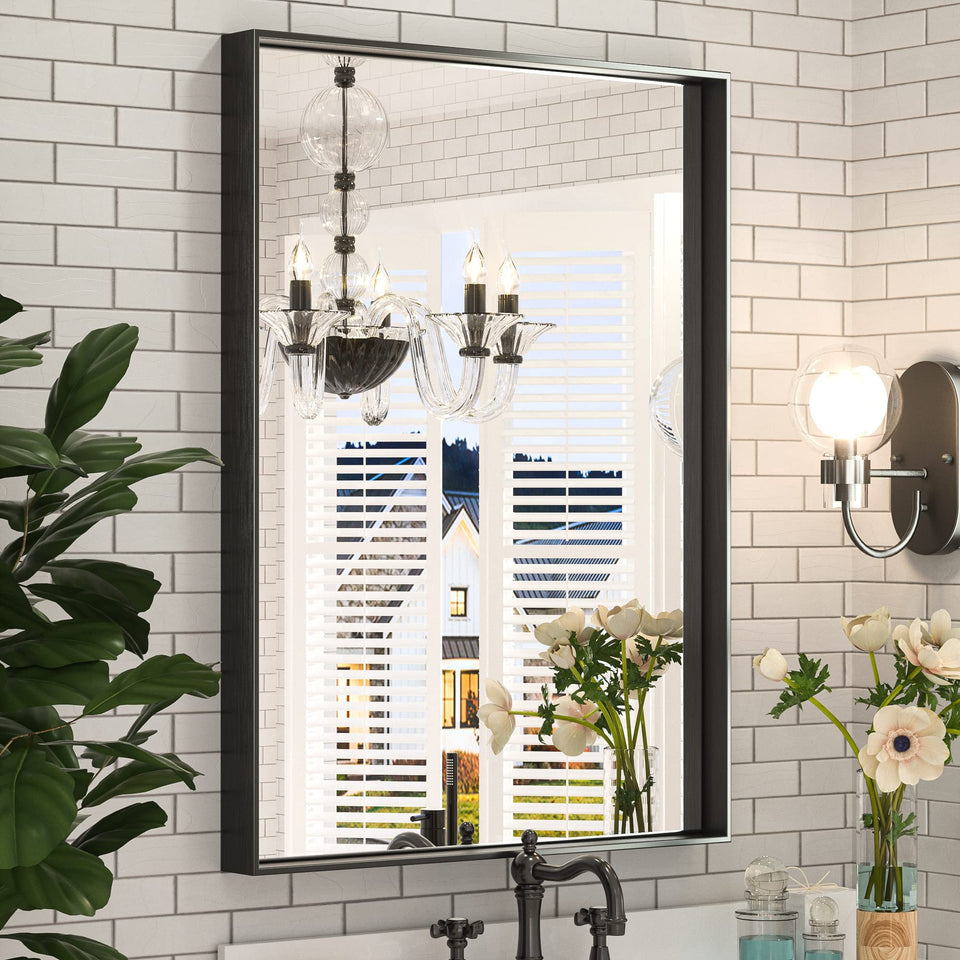 Keonjinn black bathroom mirror over sink provides a bold 22x30 inch focal point