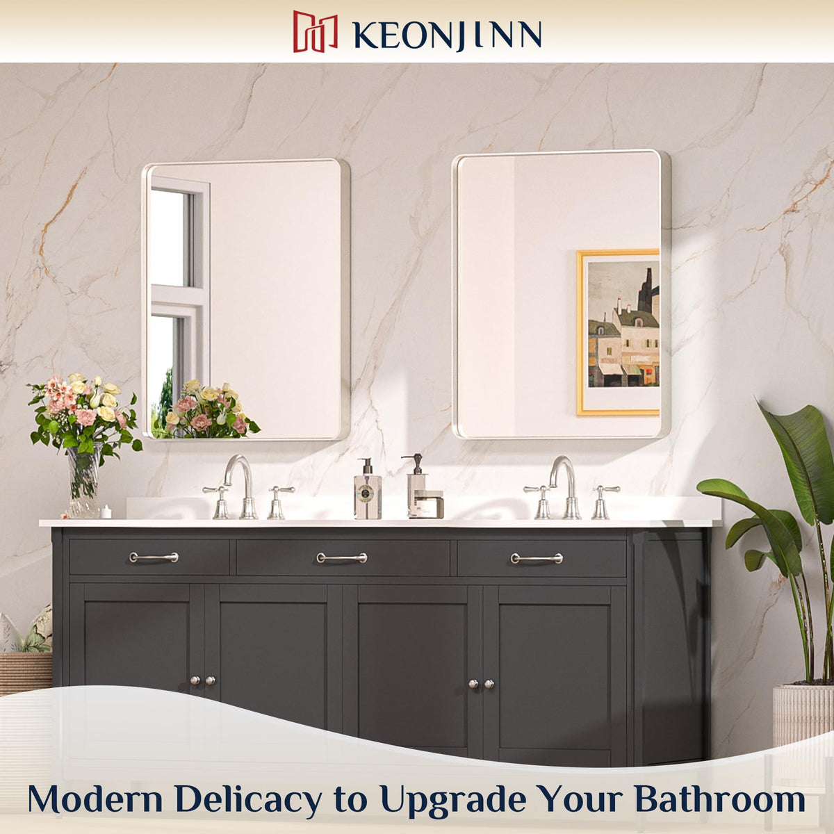 Keonjinn brushed nickel bathroom mirror with sleek texture for durable wall style