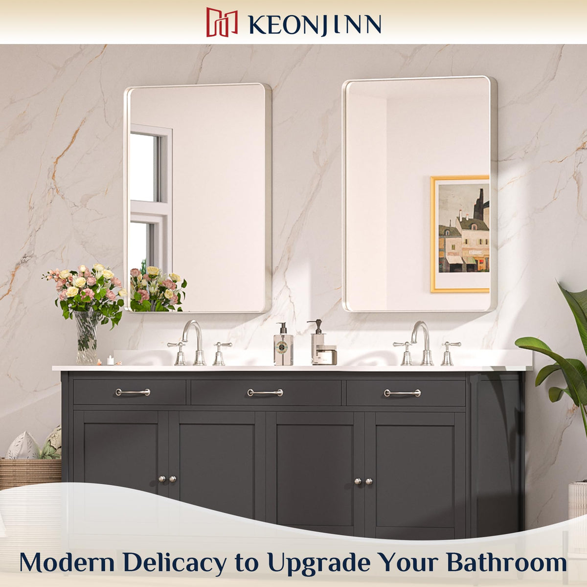 Keonjinn 24x36 mirror offers a flush, space-saving wall installation.