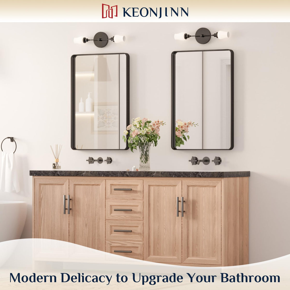 Keonjinn matte black sandblasted finish adds texture and resilience near moisture-prone zones