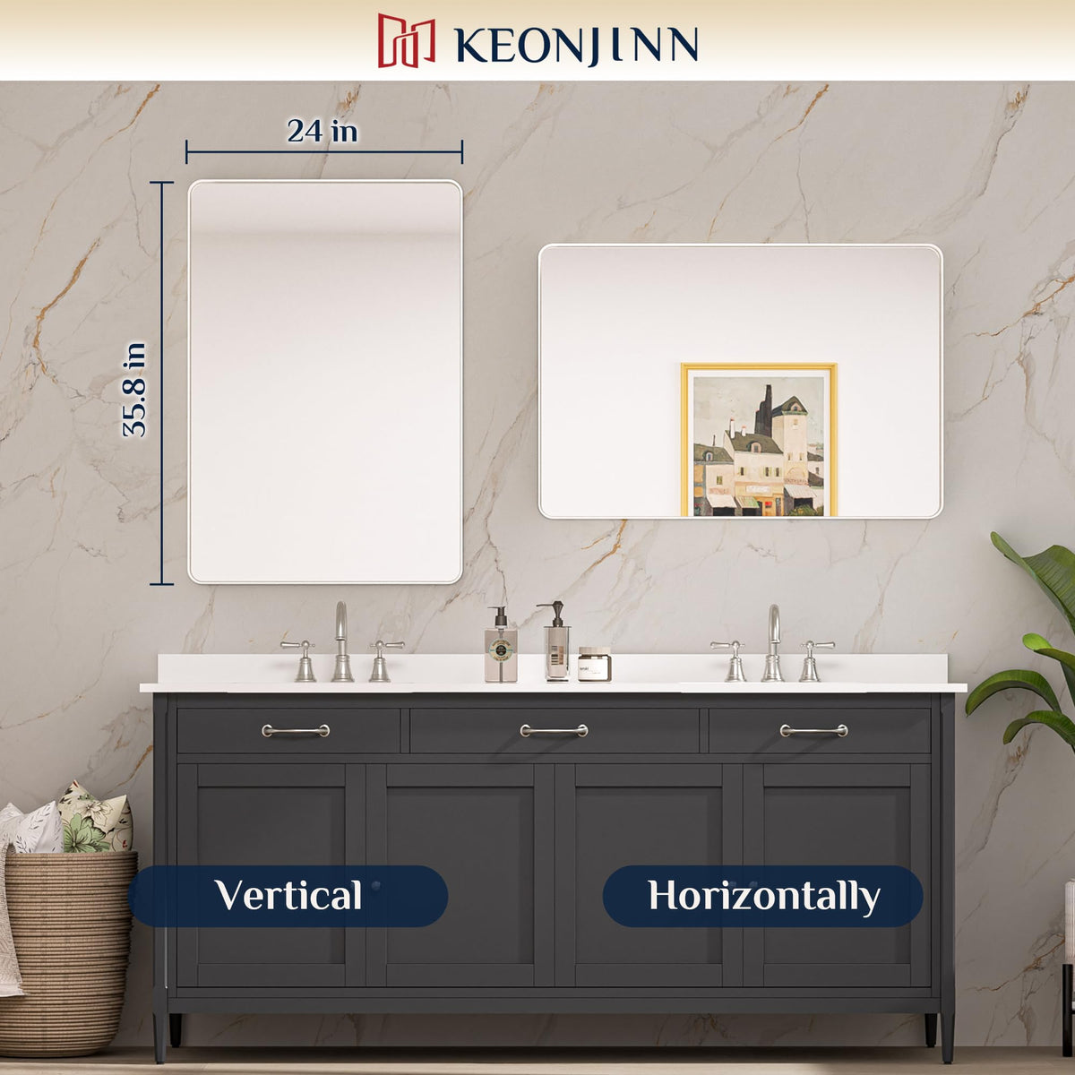 Keonjinn over-sink bathroom mirror completes a clean vanity setup.