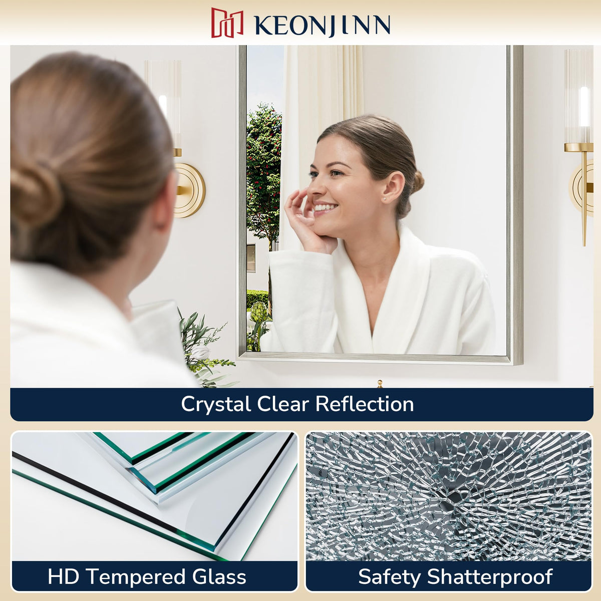 Keonjinn tempered-glass mirror delivers crystal-clear reflection for daily grooming.