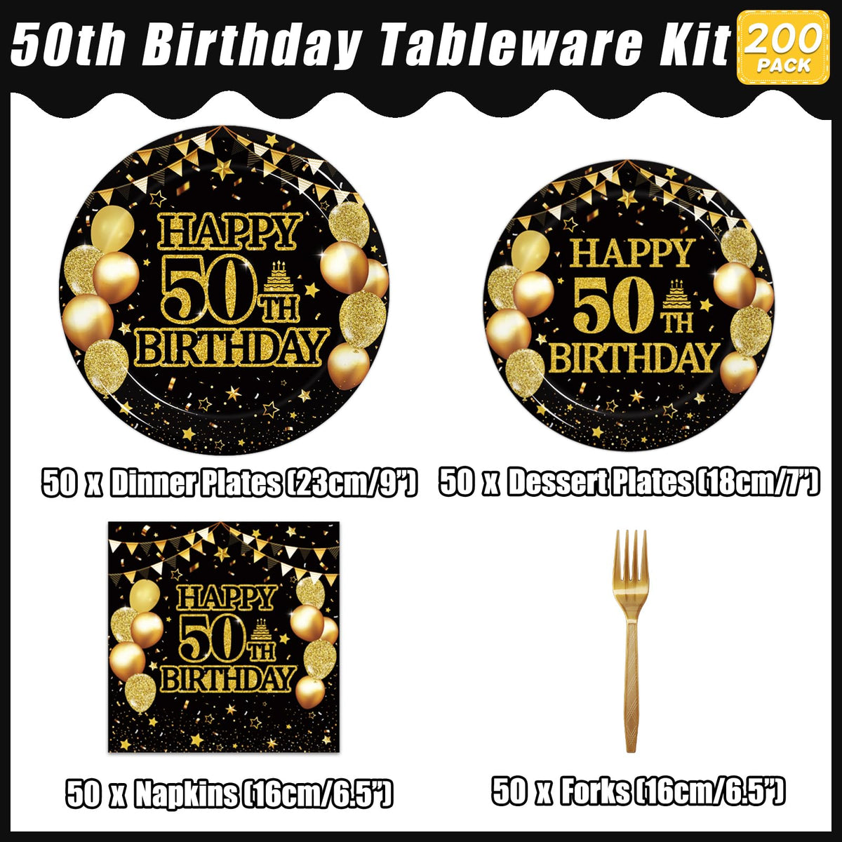 Kepeel 50th birthday dessert plates black and gold, perfect for sweet treat displays.