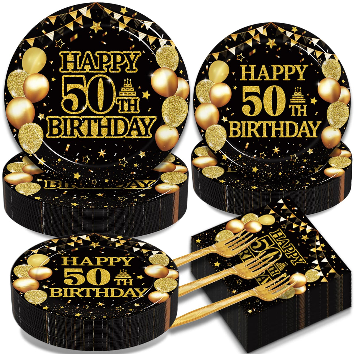 Kepeel 50th birthday dinner plates in black and gold, sturdy for effortless celebration meals.