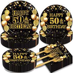 Kepeel 50th birthday dinner plates in black and gold, sturdy for effortless celebration meals.