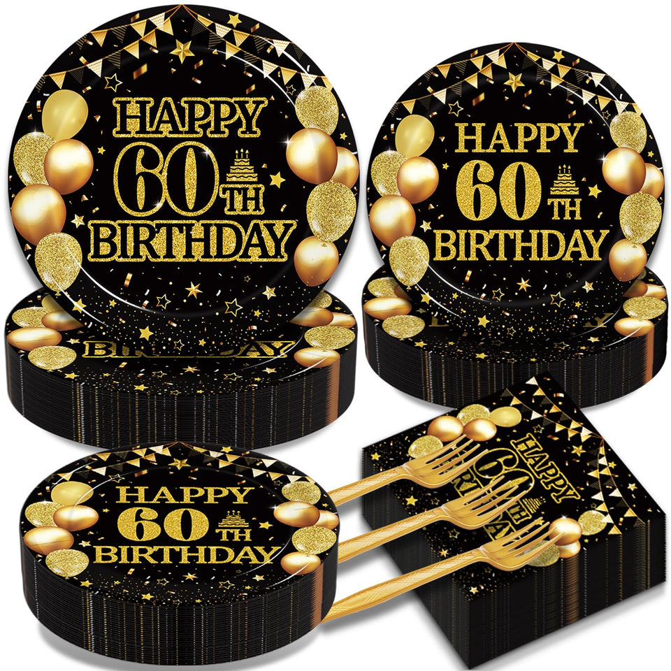 Kepeel 60th birthday plates 9in in black and gold for elegant dining.