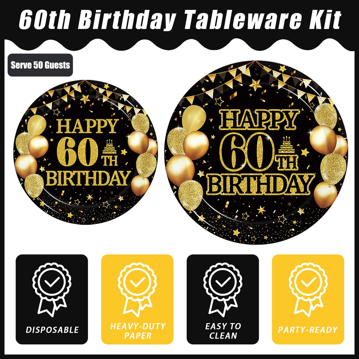 Kepeel birthday napkins 13in black gold for party guests.