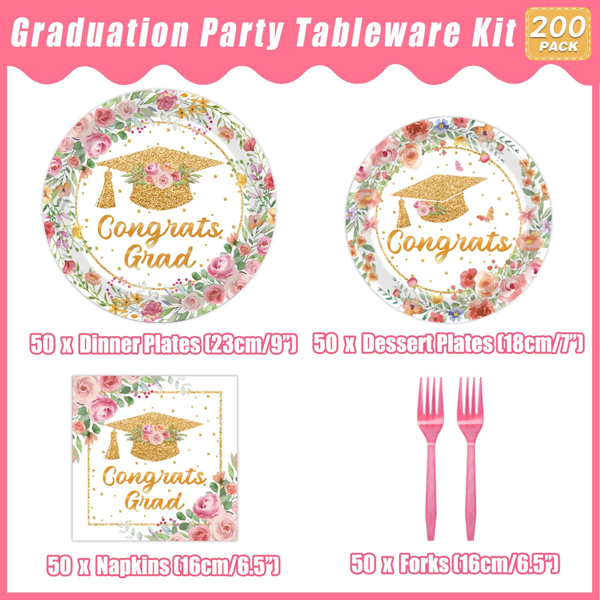 Kepeel pink floral graduation dessert plates 7in for cake and sweets